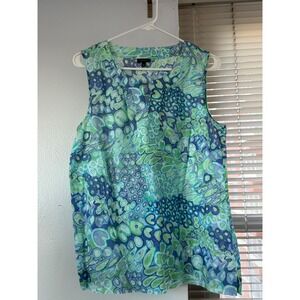 Talbots Women Blue Green Abstract Geometric Print Cotton Sleeveless Blouse 12